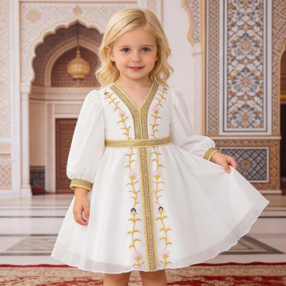 Girls Muslim Dress Kids Girls Floral Embroidery Prayer Dresses Long Sleeve V Neck Elegant Kaftan Dresses for Party - size: 2-3T