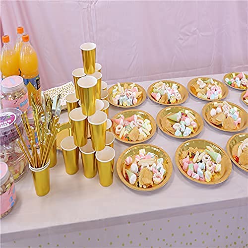 200pcs Solid Gold Party Supplies - Gold Paper Plates & Napkins, Silverware, Serves 25 Sets for Wedding, Bridal Shower, Engagement, Birthday Parties - color: Gold