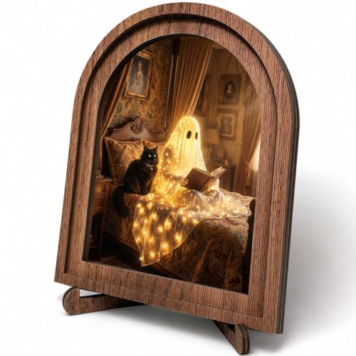 Reading Ghost Arched Decor, Halloween Cat Table Sign, 5.9x7.9 - color: Reading Ghost