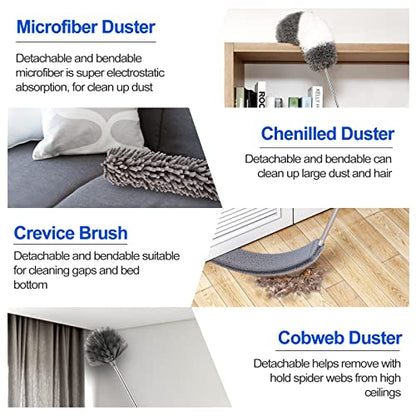 Microfiber Duster Kit (11PCS) - Washable Dusters with Extension Pole (30 to 100 in) for Cleaning Ceilings, Fans, Furniture