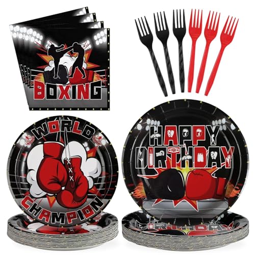 Grencian 96Pcs Boxing Birthday Party Supplies World Champion Plates and Napkins Fight Sports Wrestling Tableware Set for Boxing Birthday Party Supplies Serves 24 - style: Boxing Birthday