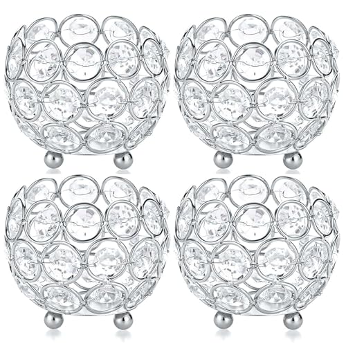 Crystal Tealight Candle Holders with Metal Base - Elegant Wedding Table Centerpiece for Home Decor, Birthday Party, Romantic Events | Giftable Decorative Accent (4, Silver) - color: Silver