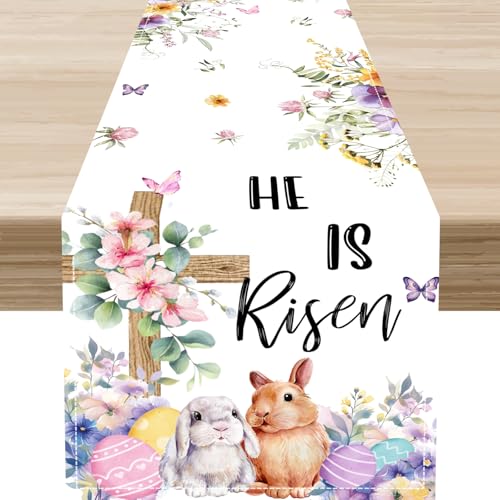 Easter Bunny Table Runner, Boho Floral Cross Rabbits Easter Eggs Spring Table Decoration for Family Kitchen Outdoor Farmhouse Holiday Party Table Decorations 13x36 inch - color: Easter-2, size: 13x36" Table Runner