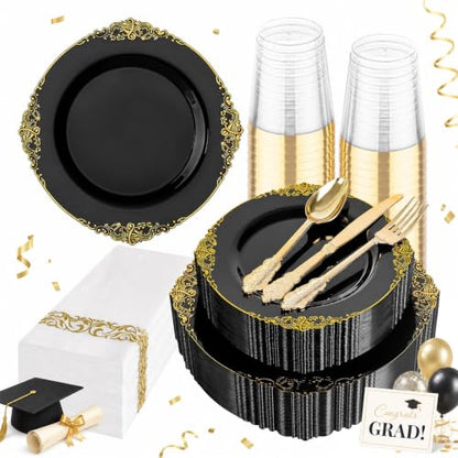 Hioasis 175pcs Black and Gold Plates - Black Party Plates for 25 Guest, Include 50 Heavy-duty Plates(20% Thicker Than Standard), 75 Cutlery Set, 25 Napkin, 25 Cups for Graduation - color: Black and Gold