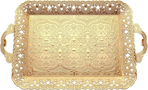 Turkish Vintage Style Entertaining Tray - |15.4” x 10.2”Multi-Purpose, Non-Tarnishing, Zamak Alloy, Decorative Ottoman Style - Rectangular Serving Tray for Coffee & Beverages (Gold) - color: Gold