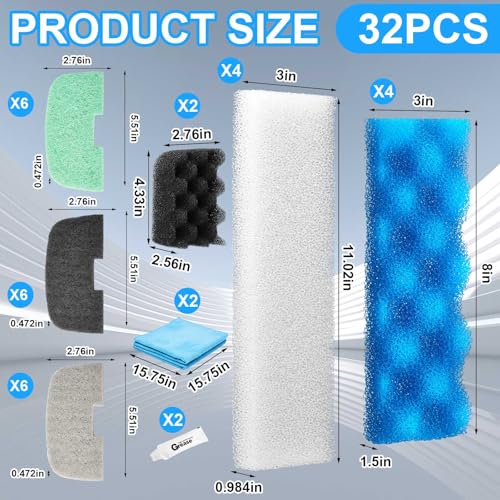 Threlaco 32 Pcs Aquarium Replacement Maintenance Kit Compatible with Fluval 206/207 Filter Media Including Biological Sponge, Ammonia/Phosphate/Nitrite Remover Pad, Aquarium Towel, Grease - style: 206/207