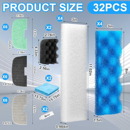 Threlaco 32 Pcs Aquarium Replacement Maintenance Kit Compatible with Fluval 206/207 Filter Media Including Biological Sponge, Ammonia/Phosphate/Nitrite Remover Pad, Aquarium Towel, Grease - style: 206/207