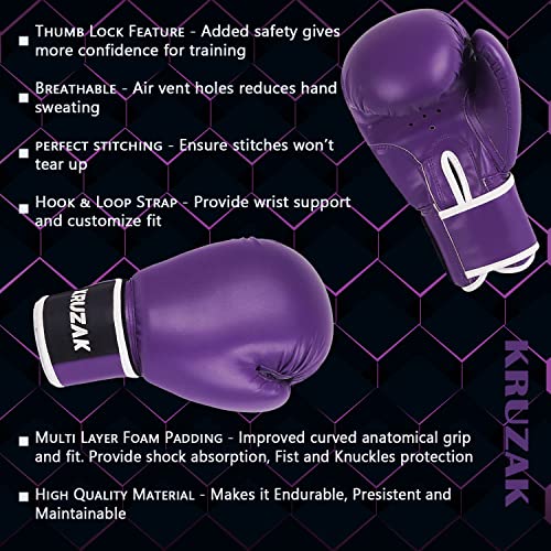 Kruzak Plain Boxing Gloves for Sparring, Kickboxing, Muay Thai, Martial Arts & MMA Fighting - Men & Women Punch Bag Mitts Training and Focus Pads Punching - color: Purple, size: 8 oz