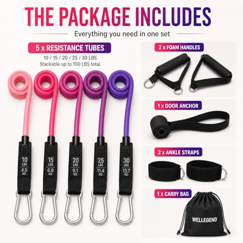 WELLEGEND Resistance Bands Set with Handles, Door Anchor & Ankle Straps, 100 lbs Stackable Exercise Bands, 5 TPE Resistance Tubes for Home Workout, Strength Training, Yoga & Pilates