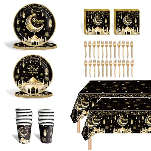 122 Pieces Ramadan Mubarak Party Supplies Set, Eid Mubarak Tableware Sets Include 2 Large Tablecloth, Table Decorations Supplies Eid Al-fitr Party Plates and Napkins Forks for 24 Guests (Black) - color: Black