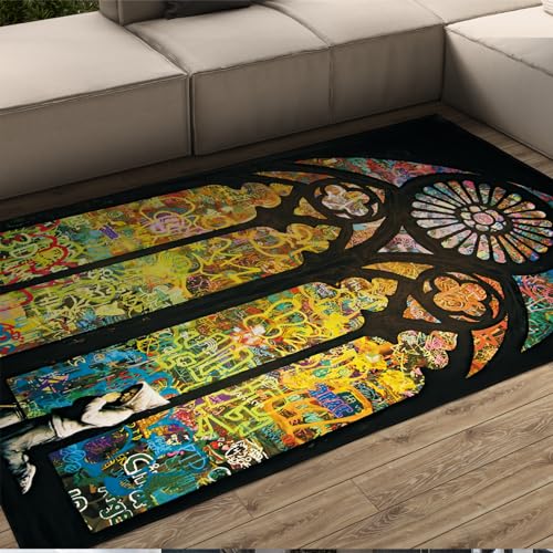 Graffiti Art Banksy Area Rug Multicolored Glass Prayer Boy Floor Mat for Living Room Thin Vintage Street Art Large Kid's Area Rug 5'x9' - size: 5'x9'