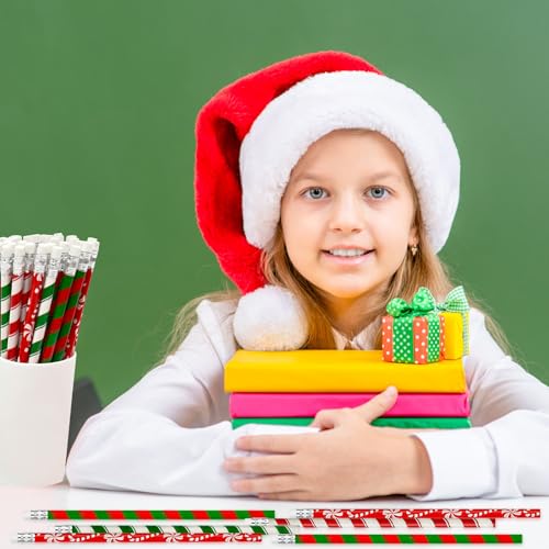 Cinrobiye 100 PCS Christmas Pencils Bulk,Christmas Candy Cane Writing Pencils with Eraser Xmas Stationery Pencil for Holiday School Party Favors Stocking Stuffers Classrooms Student Rewards - style: Pencils