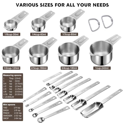 20PCS Measuring Cups and Spoons Set,Stainless Steel,with Leveler | 304 food-grade steel, dual-scale markings, one-piece construction, nesting storage, dishwasher safe, dry & liquid ingredients - size: 20PCS