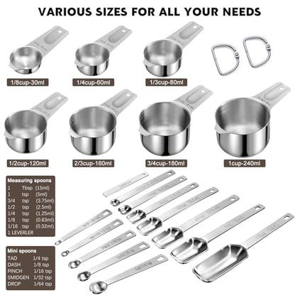 20PCS Measuring Cups and Spoons Set,Stainless Steel,with Leveler | 304 food-grade steel, dual-scale markings, one-piece construction, nesting storage, dishwasher safe, dry & liquid ingredients - size: 20PCS