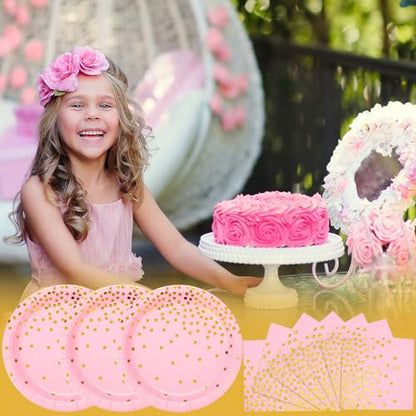 150 PCS Pink and Gold Paper Plates Napkins Forks Party Supplies Serves 50, Golden Dot Disposable Paper Dinnerware 9" Plates for Birthday, Bachelorette, Girl Birthday, Baby Shower - color: Pink Gold (Serves 50)