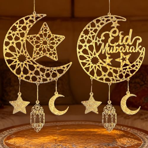 Eid Decorations for Home, Eid Mubarak Moon & Star Wooden Hanging Ornaments – Gold Islamic Crescent Moon for Eid al-Fitr Sign, Muslim Home Decor, Eid Gifts, Ramadan Party Wall Door Wreath - style: Eid Mubarak