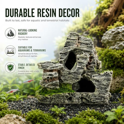 Resin Aquarium Mountain Decor with Moss Rock Cave - Multi-Level Terrain for Fish Tank Landscaping, Natural-Looking Rockery Design with Hidden Cave and Crevices for Shrimp, Reptile Habitat Aquascaping