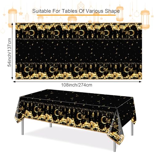 PHOGARY Eid Decorations 2 Pcs Eid Mubarak Tablecloth, Ramadan Mubarak Tablecloth Disposable Rectangle Plastic Ramadan Kareem Table Covers for Eid Al-fitr Party Ramadan Decorations 54" X108", Black