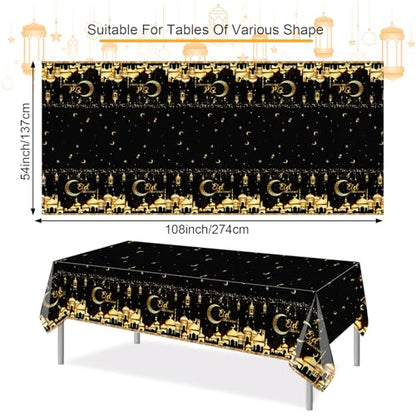 PHOGARY Eid Decorations 2 Pcs Eid Mubarak Tablecloth, Ramadan Mubarak Tablecloth Disposable Rectangle Plastic Ramadan Kareem Table Covers for Eid Al-fitr Party Ramadan Decorations 54" X108", Black