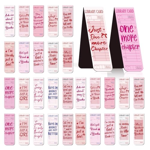 Library Card Magnetic Bookmarks Gifts - Wxiben 30 Pcs Fully Vintage Paper Bookmark Pink Retro Quotes Book Page Magnet Markers Clips for Women Book Lovers Reading Office Bookish Party Favors - style: Library Card