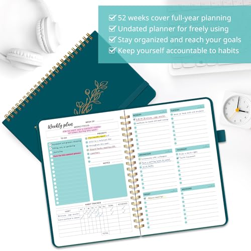 Taja Undated Weekly Planner, Weekly To Do List Notebook with Goal & Habit Tracker Organizer, A5 Weekly Planner Notebook with Spiral Binding, 6.1" x 8.2" - Pine Emerald - color: m.Pine Emerald