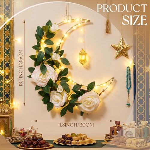 Ramadan 12.6 Inch Moon Wreath with LED Lights, Eid Mubarak Decorations for Home, Hanging Metal Crescent with Artificial Flowers & Greenery, Wall Door Decor for Ramadan Kareem Eid Celebration