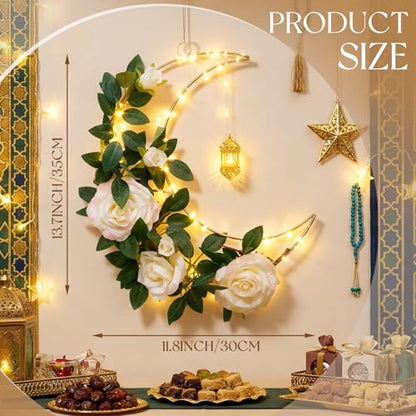 Ramadan 12.6 Inch Moon Wreath with LED Lights, Eid Mubarak Decorations for Home, Hanging Metal Crescent with Artificial Flowers & Greenery, Wall Door Decor for Ramadan Kareem Eid Celebration