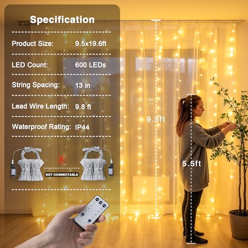 JMEXSUSS 600 LED Curtain Lights, String Lights for Bedroom,9.5ft x 19.6ft - color: *Warm White, size: 600 LED