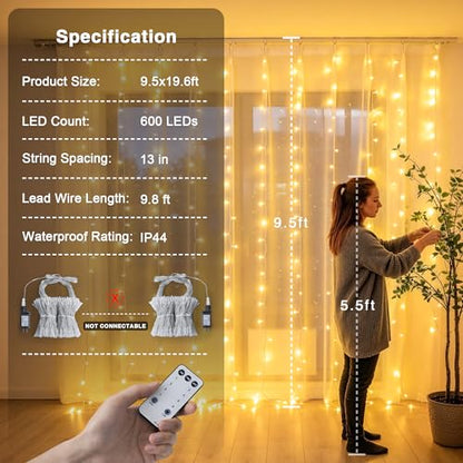 JMEXSUSS 600 LED Curtain Lights, String Lights for Bedroom,9.5ft x 19.6ft - color: *Warm White, size: 600 LED