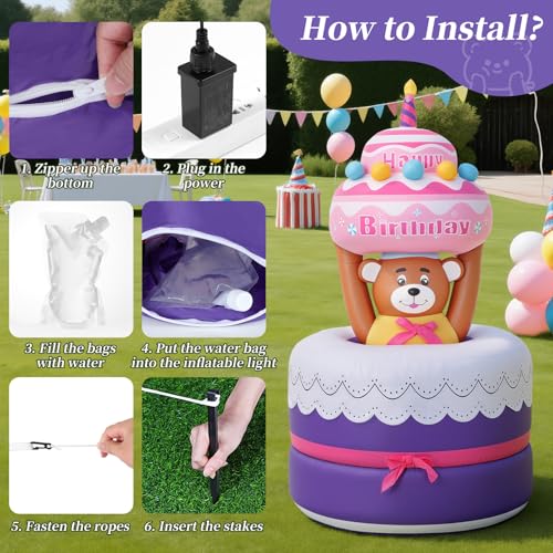 Lewondr 6FT Inflatable Birthday Cake Outdoor Decorations, Automatic Lifting Bear, Waterproof Blow Up Happy Birthday Decor with Candle 4 LED Lights for Outdoor Indoor Party Garden Yard Lawn - style: Lifting Bear