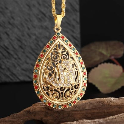 Teardrop Necklace for Women with Zircon & Allah Quran Pendant | Religious Amulet Jewelry, Islamic Muslim, Engraved Patterns
