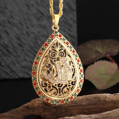 Teardrop Necklace for Women with Zircon & Allah Quran Pendant | Religious Amulet Jewelry, Islamic Muslim, Engraved Patterns