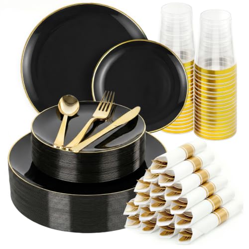 350pcs Plastic Dinnerware Set Black and Gold for 50 Guests - color: Black, size: 350pcs（50guests）