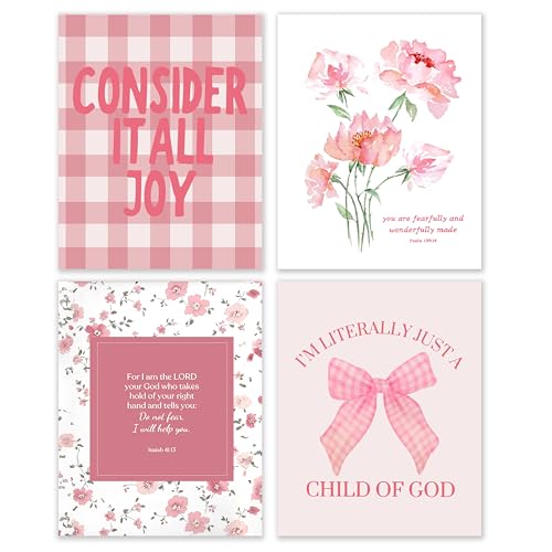 BESERH Preppy Christian Wall Decor, Pink Religious Wall Art Prints, Coquette Floral Plaid Bible Verses Scripture Posters for Girls Room Dorm Apartment, 8x10 Inches Set of 4 Unframed - color: Christian-B
