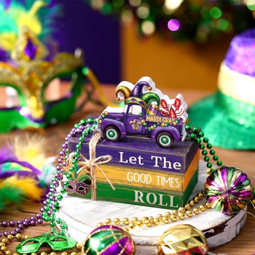 4 Pcs Mardi Gras Decorations Mardi Gras Centerpieces Truck Table Decorations Farmhouse Wooden Tabletop Blocks Sign for Party Rustic Tiered Tray Shelf Office Carnival Decor - style: Mardi Gras