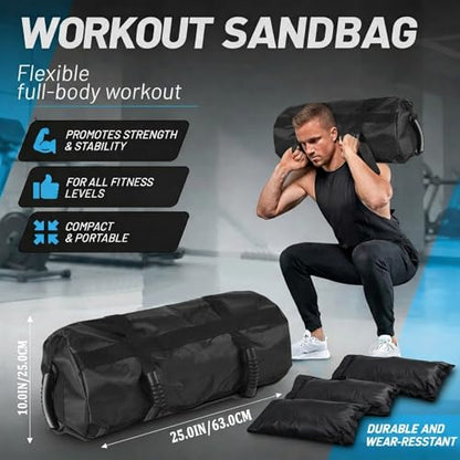 Taeku Fitness Sandbag with Handles, Adjustable Weight Training Bag | 1000D Oxford Fabric, Six Handles, Three Filler Bags, Adjustable Weight, Waterproof, Home Gym & MMA - color: Black