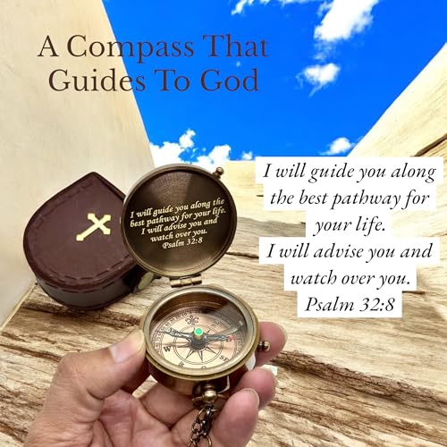 Engraved Brass Compass with Sundial Clock May Your Faith Always Be Your Guide Psalm 32:8 Christian Keepsake Gift Direction Guide Compass with Carry Case for Special Religious Occasions