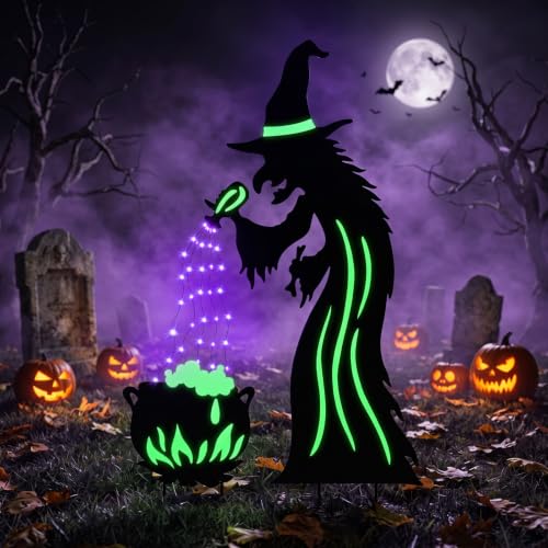 Lewondr 2 Pack Metal Witch Halloween Decorations Outdoor - color: Purple Fluorescent Light