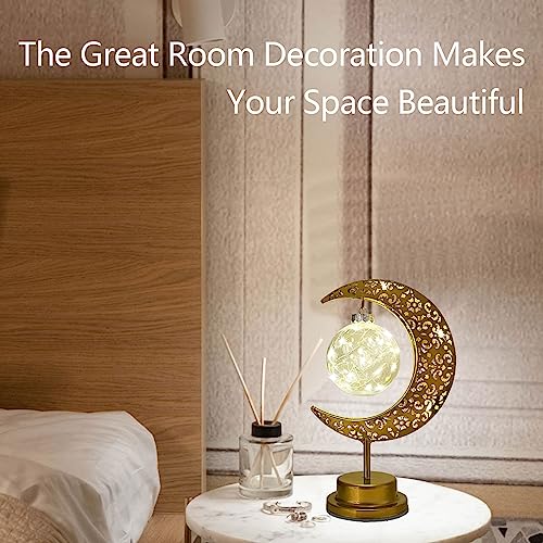 Decorative Table Lamp, Crescent Moon Lamp Ramadan Table Decor, Battery Powered Christmas Ramadan Desk Lamp Decorations for Home, Patterned Hollow Out Warm Boho Light for Bedrooms Nightstand