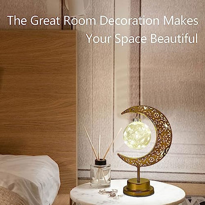 Decorative Table Lamp, Crescent Moon Lamp Ramadan Table Decor, Battery Powered Christmas Ramadan Desk Lamp Decorations for Home, Patterned Hollow Out Warm Boho Light for Bedrooms Nightstand
