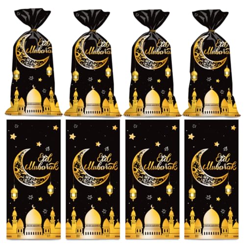 BURBOHUG 50 Pack Ramadan Goodie Bags Eid Mubarak Muslim Castle Moon Star Cellophane Bags for Party Favor Decoration (10.8'' X 4.9'')