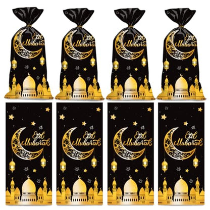 BURBOHUG 50 Pack Ramadan Goodie Bags Eid Mubarak Muslim Castle Moon Star Cellophane Bags for Party Favor Decoration (10.8'' X 4.9'')