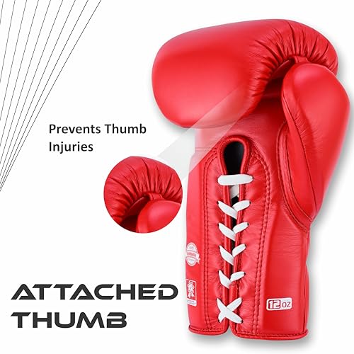 Aura 100 Full Grain Leather Lace Up Boxing Gloves for Men & Women – Professional Training, Sparring, Competition, Muay Thai, Kickboxing & Heavy Bag Gloves - color: Red, size: 12 OZ
