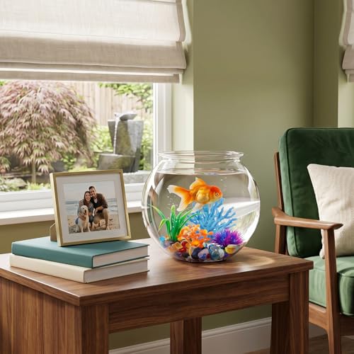 1 Gallon Clear Plastic Fish Bowl Kit with Coral, Artificial Plants & Stones | for Betta Fish, for Desk Decor, Vases and Party Displays
