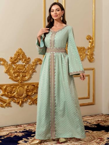 Women Muslim Abaya Kaftan Dress Lace Ethnic Moroccan Dress Eid Prayer Clothes Arabian Maxi Robe - color: Mint Green, size: X-Small