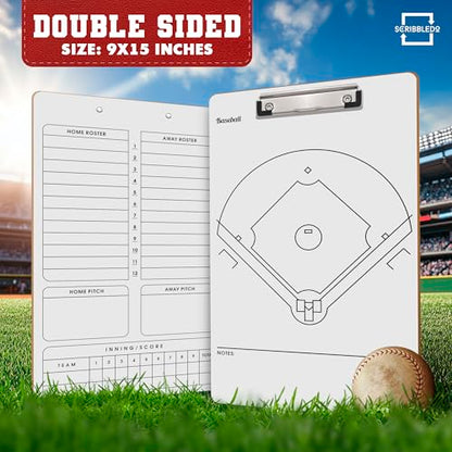 SCRIBBLEDO Baseball Dry Erase Board for Coaches 15x9 Double Sided Lineup Board with Roster Inning Score Tracker for Baseball Softball and Tee Ball Coaching