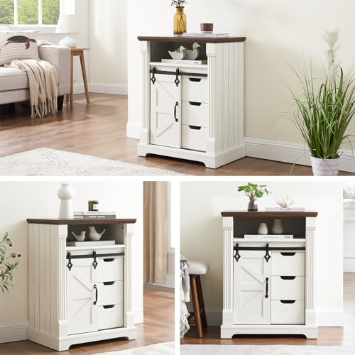 Minifeel Farmhouse Bathroom Cabinet, Freestanding Small Storage Cabinets with Barn Door and Three Drawers, Wooden Console Entryway Table with Roman Column for Kitchen, Living Room, laundry room, White