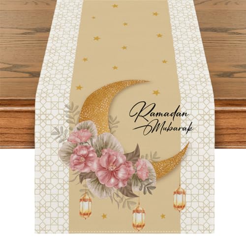 Ramadan Mubarak Decorations Ramadan Mubarak Table Runner Eid Al Fitr Golden Moon Garden Banner Ramadan Eid Banner Ramadan Decorations and Home Party Supplies