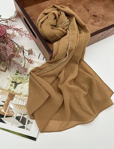 Hijab for Women Premium Chiffon Hijab Rhinestone Hijab Scraf for Women Muslim - color: Khaki