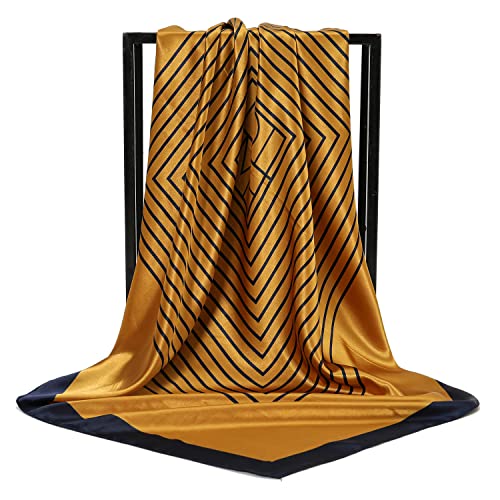 RIIQIICHY Head Scarf for Women Like Silk Satin Scarf for Hair Wrapping at Night Bandana Square Scarf for Sleeping 35 Inch - color: Gold/Black